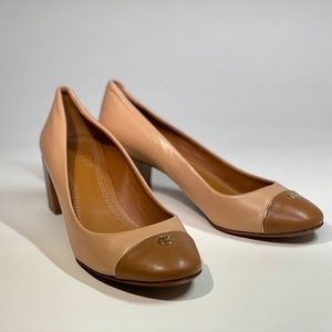 Tory Burch Pink and Tan T New Women's Shell Ethel Logo Pumps, Size 5M